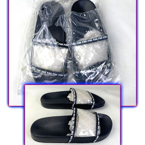 *NEW* PINK Victoria’s Secret BLACK + CLEAR SLIDES! Slip On Sandals SIZE Med 7/8 - Picture 1 of 11